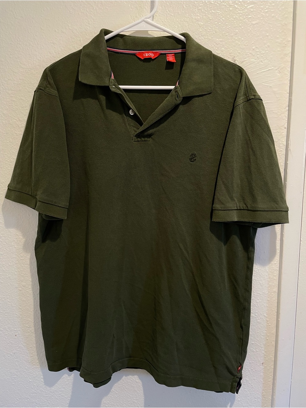 IZOD Men's Large L Olive Army Green Pique Knit Short Sleeve Collared Polo Shirt